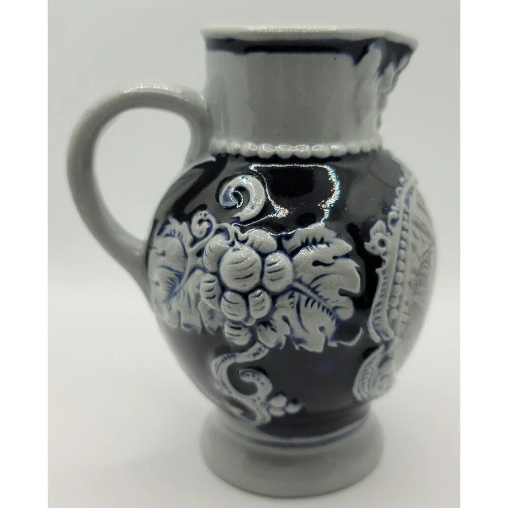 German Small Stoneware Pitcher HandCrafted HandPainted Gray and Cobalt Blue
